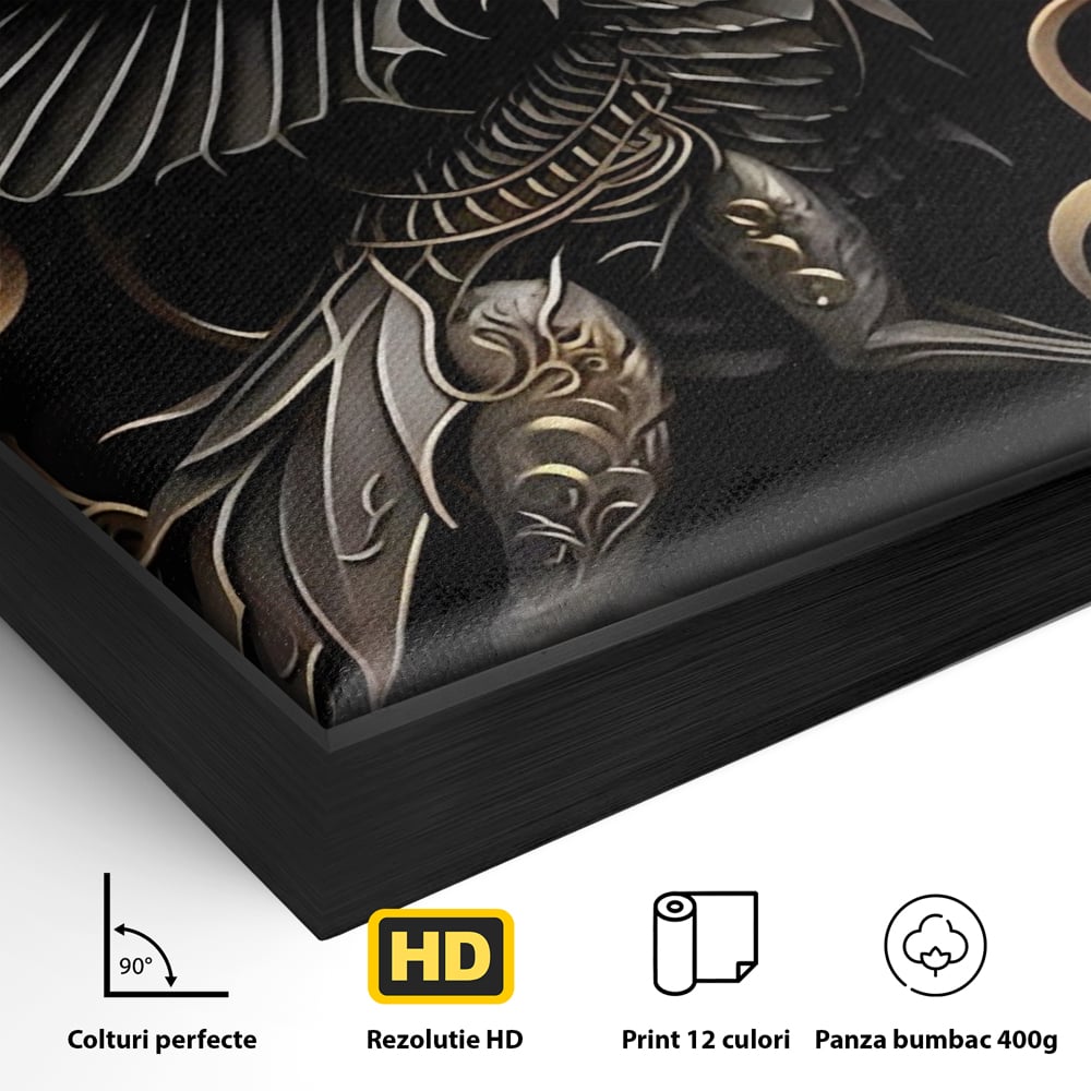 Detaliu al suprafetei: ilustratie digitala cu dragon mitic, in rama de aluminiu negru